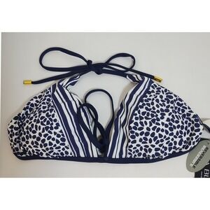 La Blanca Reversible Triangle Bikini Top Navy Blue White Print Striped Sz 10 $72